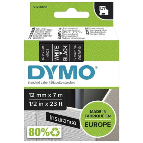 Dymo taśma do drukarek etykiet, D1 45021 biały/czarny 7m/12mm
